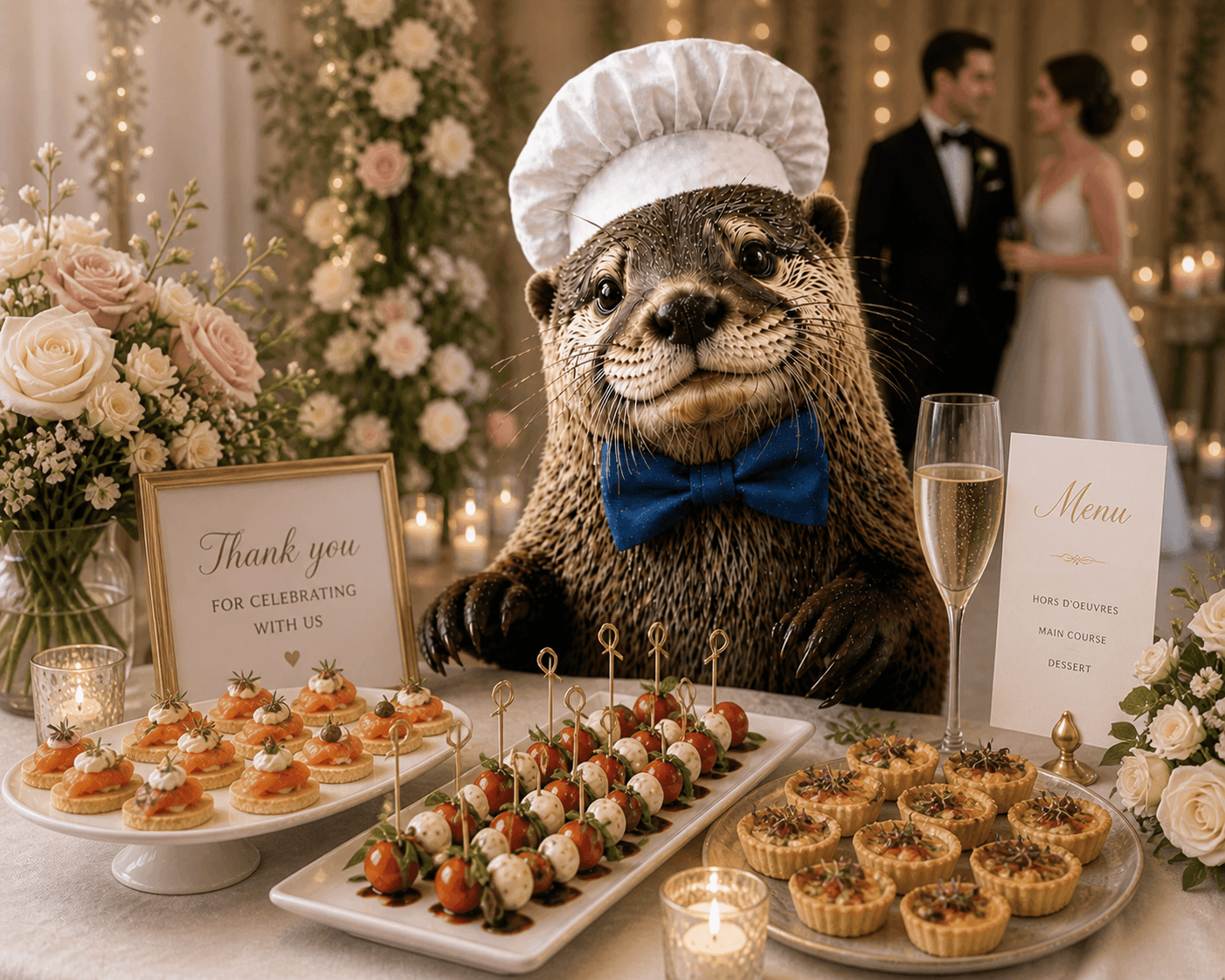 Ginger the otter as a wedding host with bouquet and cake