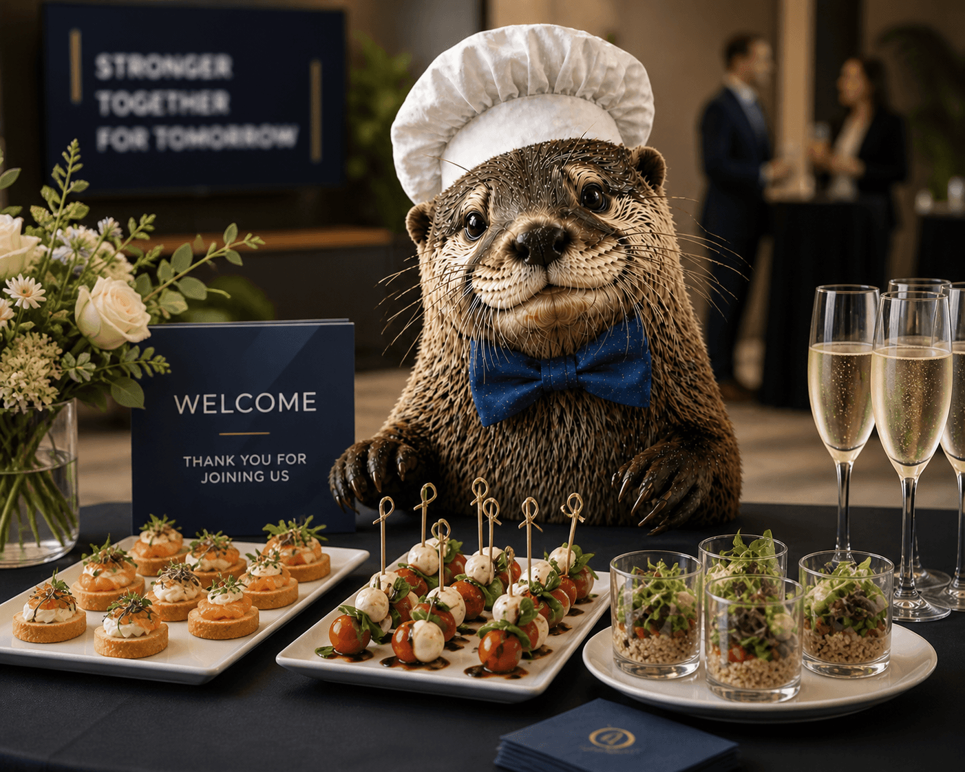 Ginger the otter hosting a polished corporate reception with hors d'oeuvres and champagne