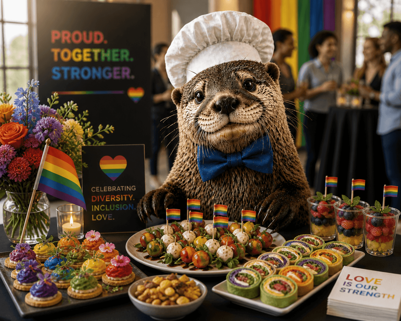 Ginger the otter at a Pride celebration with rainbow florals, vibrant desserts, and a Proud Together Stronger banner